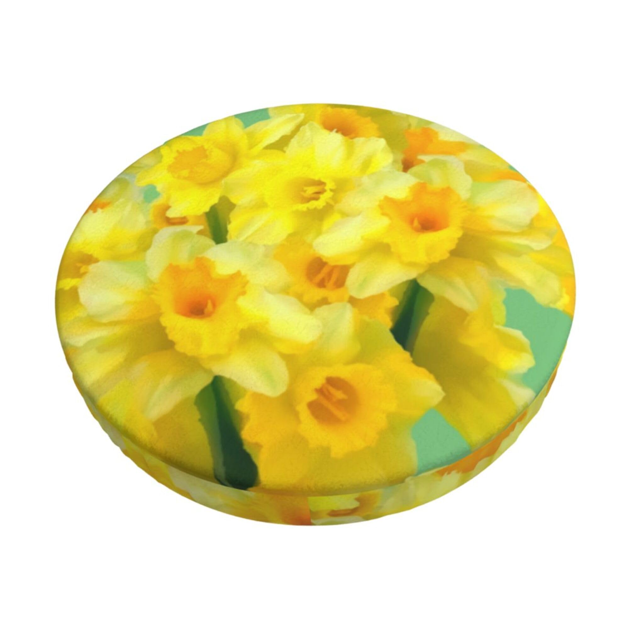 Velvet Round Stool Covers, 3 Layers Bar Stool Covers with Thin Pad, Spring Bouquet Yellow Daffodils Bar Stool Cushion Cover Durable Barstool Covers Slipcovers for 12-14" Round Barstool