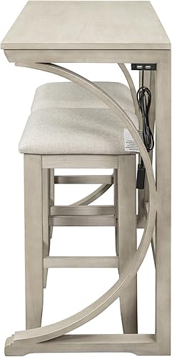 Miniatura 5 de Bellemave Juego de mesa de comedor de 3 piezas de madera con puerto USB y 2 taburetes tapizados para cocina comedor sala de estar crema