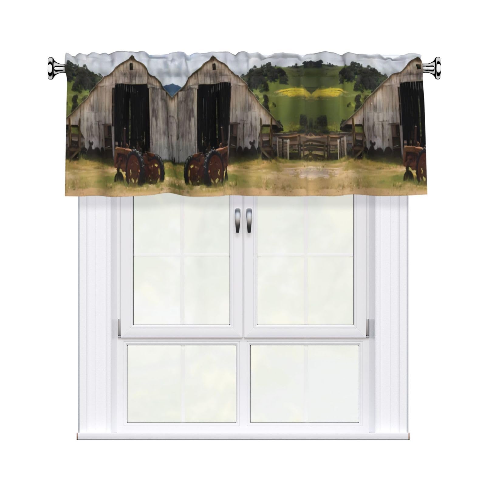 WHJSHOP Old Wooden Barn with Rusted Tractor Prints Curtain Valance 54x18in - Peach Skin Kitchen Window Layer, Filtered Light & Quick-Install Rod Pocket Cover