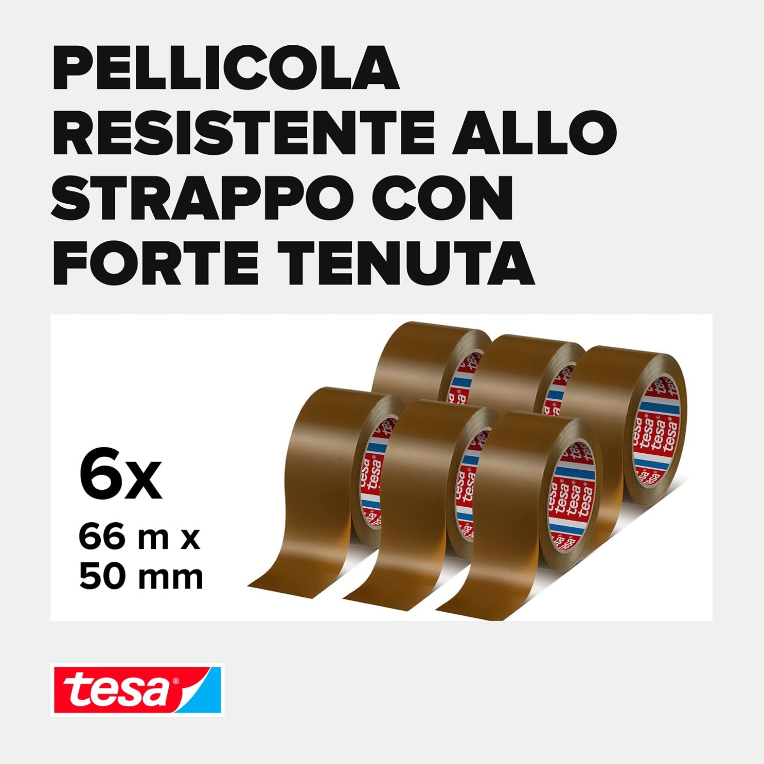 tesa Confezione da 6 nastri in PVC 4124, per imballare pacchetti e scatole, colore marrone, 6 rotoli da 66 m x 50 mm | Tesapack® 4124 Premium, conf da 6 rotoli, marrone, larghezza nastro 50 mm