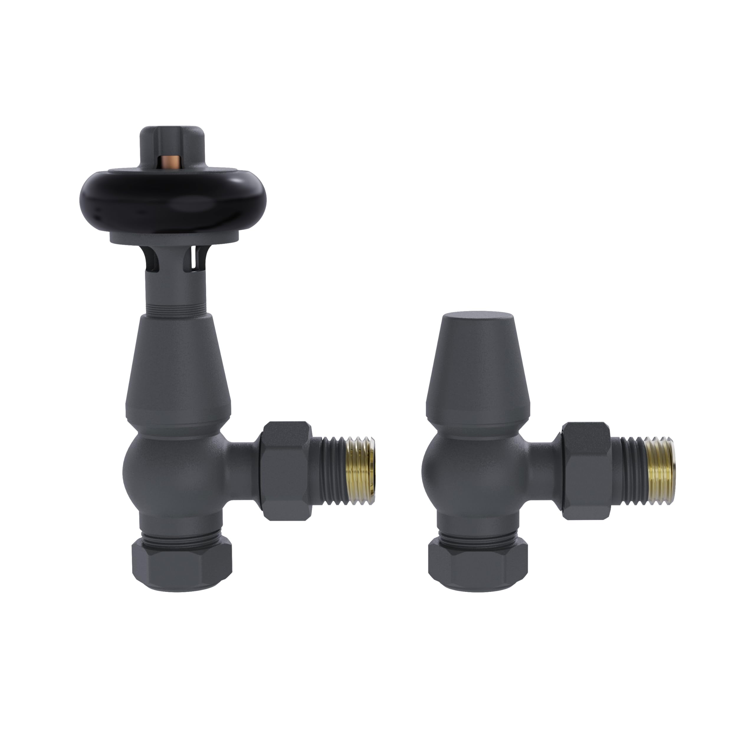 Nrg Anthracite Traditional Antique Angled Central Heating Radiator Valve 15Mm Thermostatic + Lockshield Valve With Black Hand Wheel