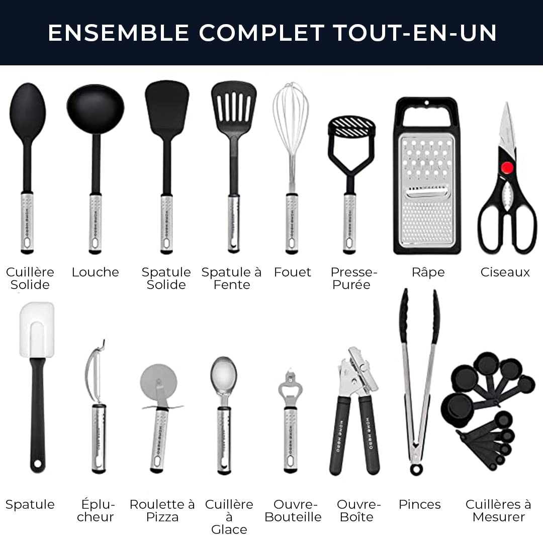 Home Hero Set Ustensiles de Cuisine Anti Adhésif Résistant (Ustensiles en nylon, 25 pièces)