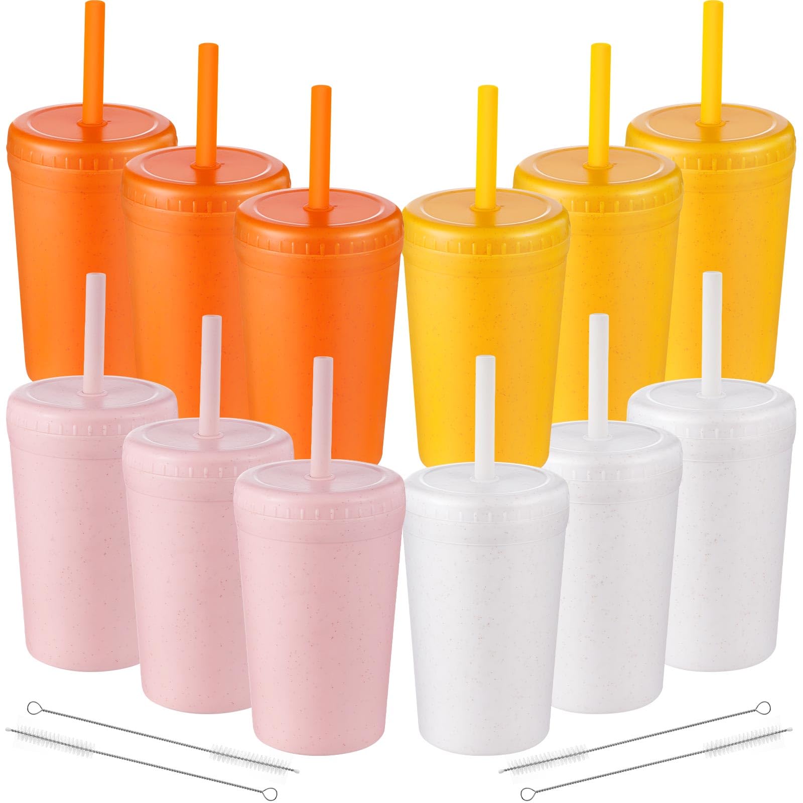 Skylety 12 Pack Kids Wheat Straw Drinking Cups, with Straws and Lids Leak Proof, Wheat Straw Cup, 10 oz Unbreakable College Dorm Small Water Cup for Dorm Kitchen Microwave Dishwasher Safe(Warm Colors)