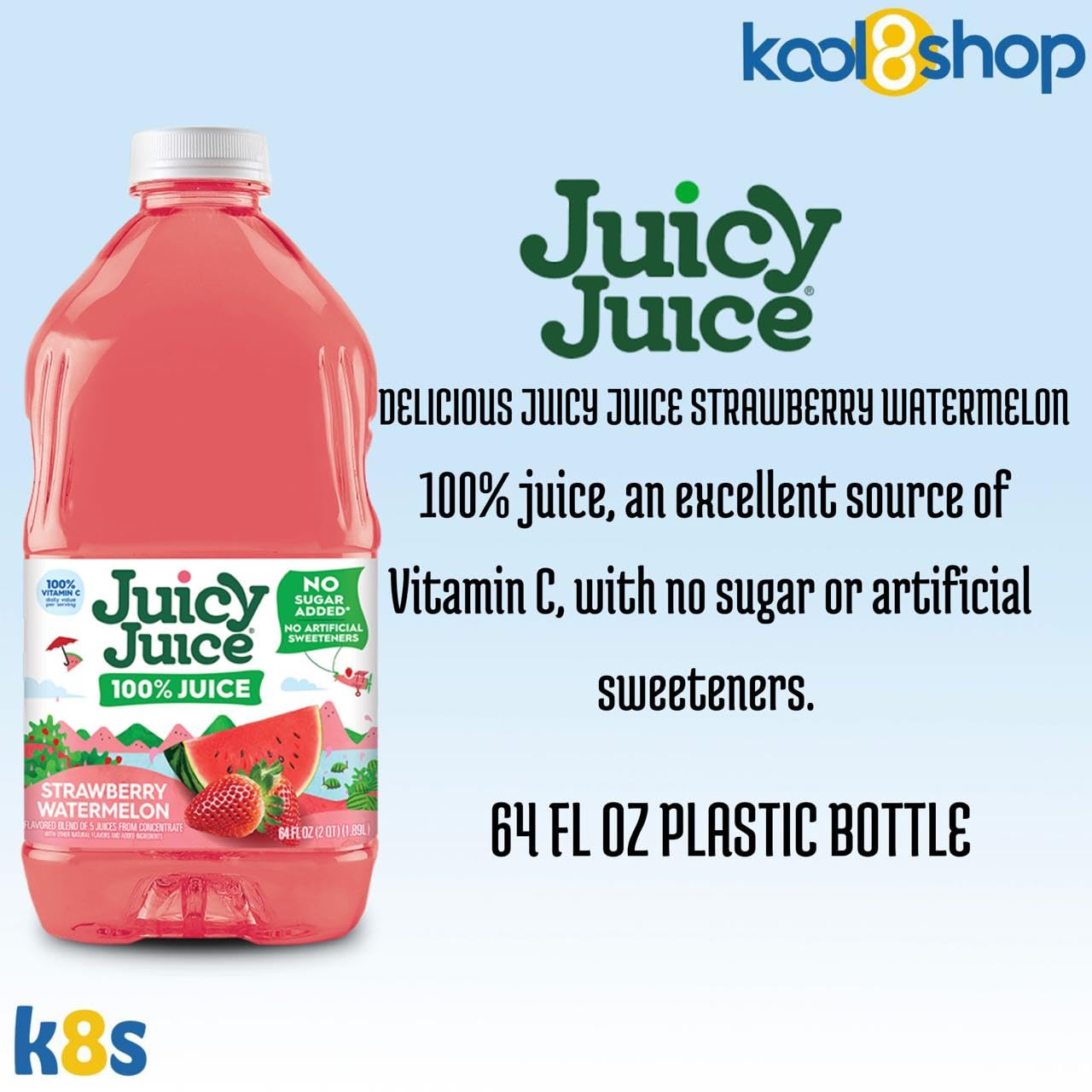 Juicy Juice Strawberry Watermelon 100% Juice Vitamin C No Sugar Added 64 fl oz Plastic Bottle 4 Pack + 15 Sugarcane Disposable Straws by KOOL8SHOP Infinite Deals