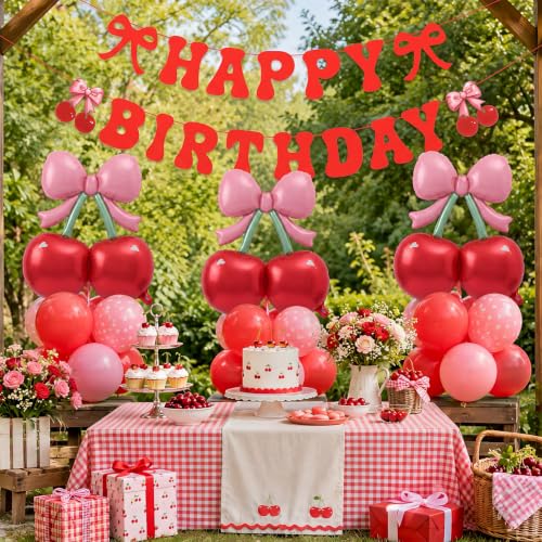 Image of Jetec 4 Pcs Cherry Birthday Decorations 3 Pink Bow Red Foil Cherries Balloons 1 Happy Birthday Pre-strung Cherry Banner for Girl Women Summer Fruit Pop up Baby Shower Decor Party Supplies
