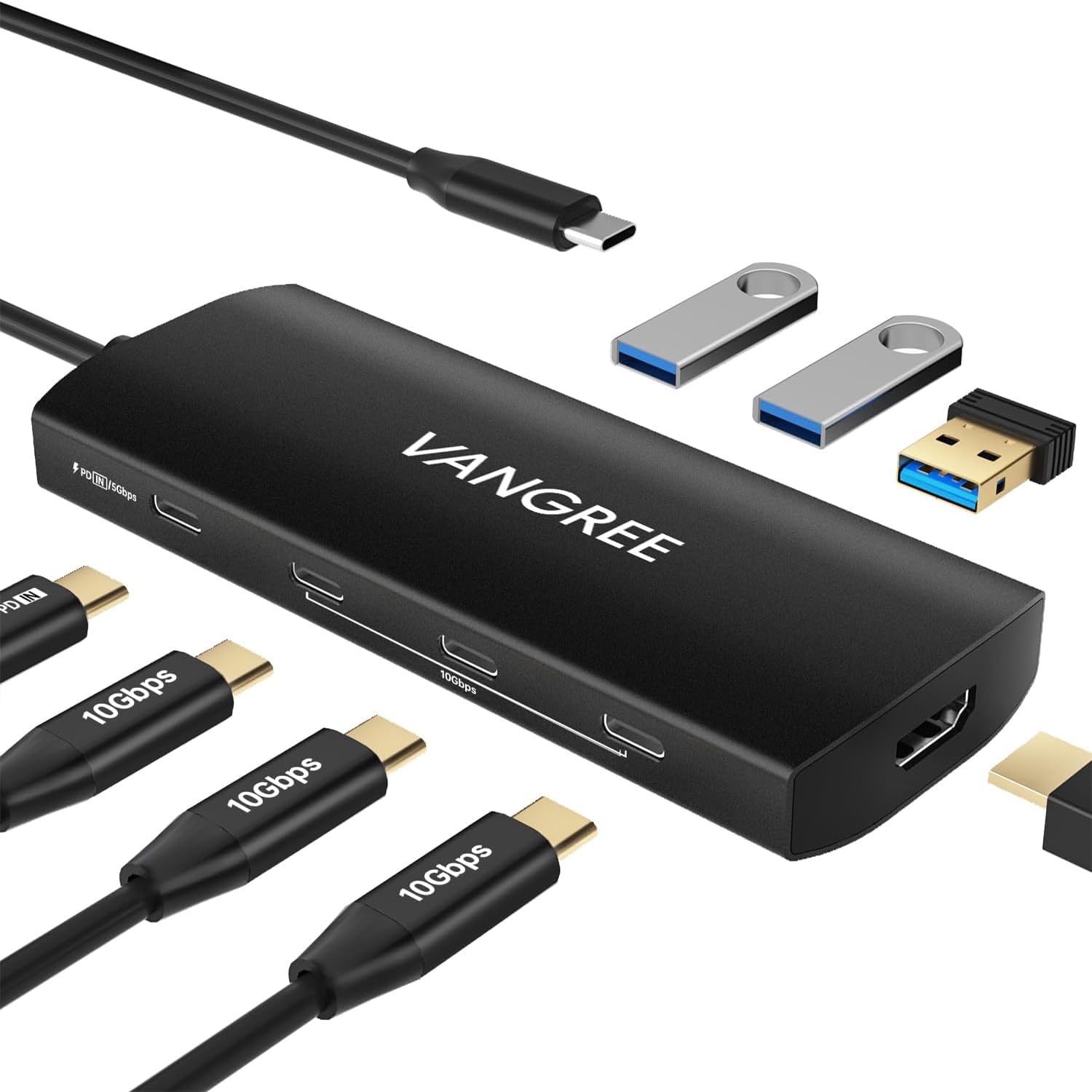 VANGREE Hub USB C 8 in 1, 3 USB-C+3 USB-A 3.2 10Gbps, 4K60Hz HDMI, 100W PD