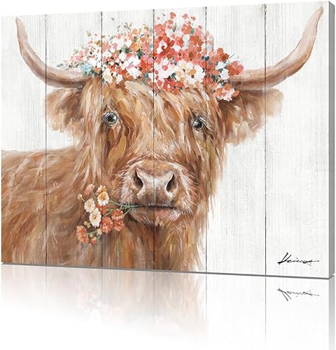 Miniatura 2 de Yidepot Decoración de vaca de las tierras altas para granja imágenes retro de terneros escoceses con flores con cita inspiradora, lienzo para pared