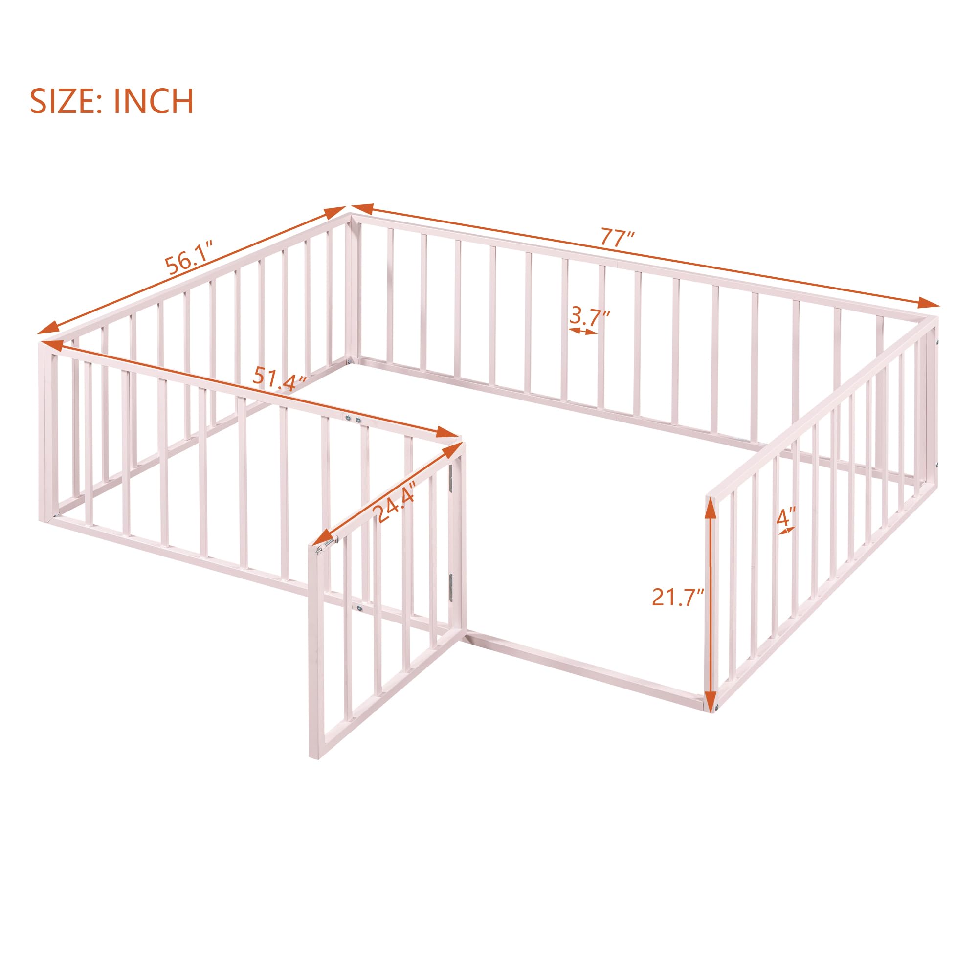 ROISDIYI Full Size Floor Bed Frame with Fence Railings and Door for Kids (Pink, Full)