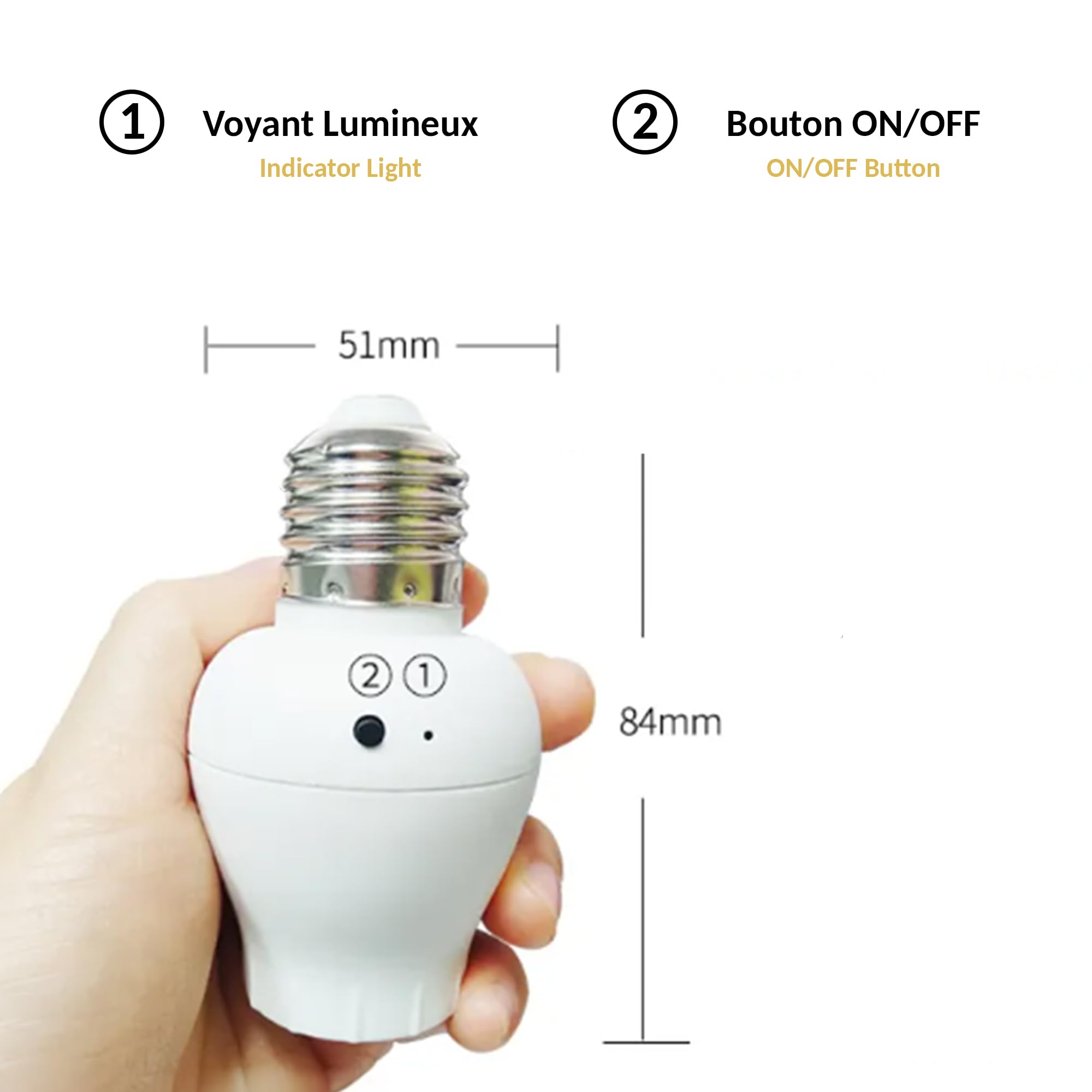 Kit interruptor de control inalámbrico ni batería con adaptador de enchufe E27 conectado, funciona con energía cinética, mando a distancia ON/OFF para lámpara bombilla LED, alcance 50 m, color blanco