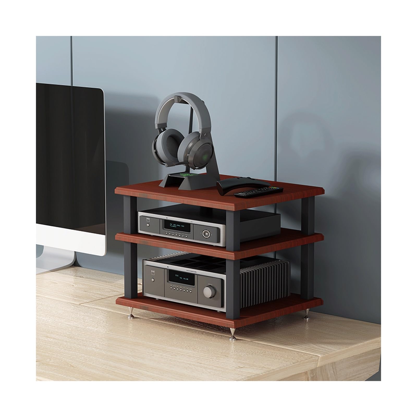 Stojak rozrywkowy dla komponentów AV, biurkowa wieża multimedialna audio, półka HiFi, otwarta szafka na komponenty stereo, drewniana półka do przechowywania do z