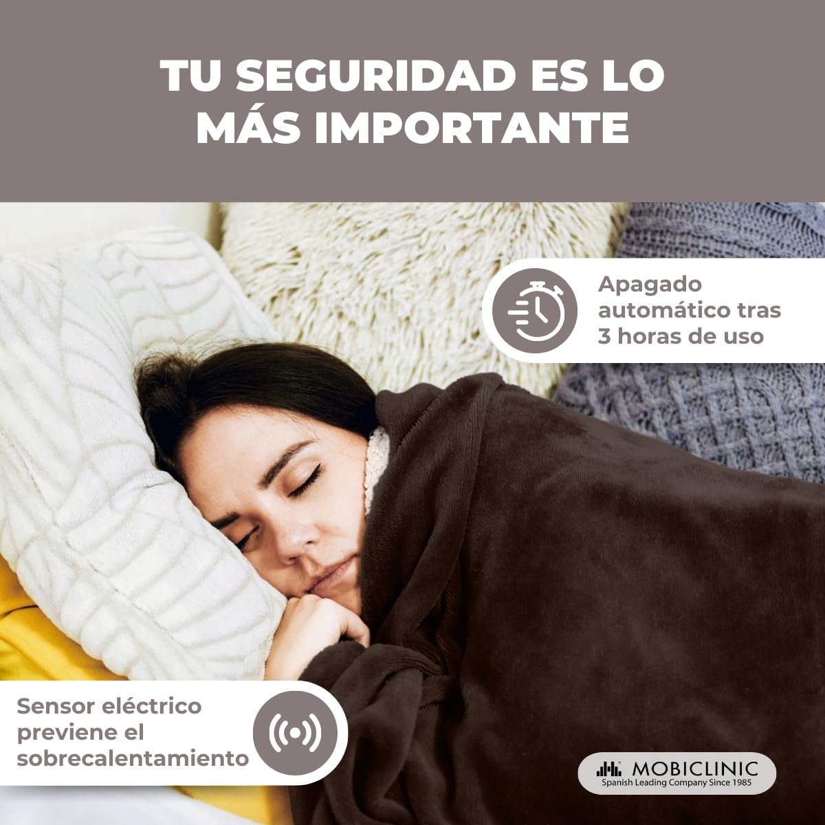 Mobiclinic, Manta eléctrica, 160x120 cm, Temperatura regulable, Muy bajo consumo, 100w, Apagado automático, Lavable, Térmica con mando, 3 ajustes de calor, Calentamiento rápido, Marrón