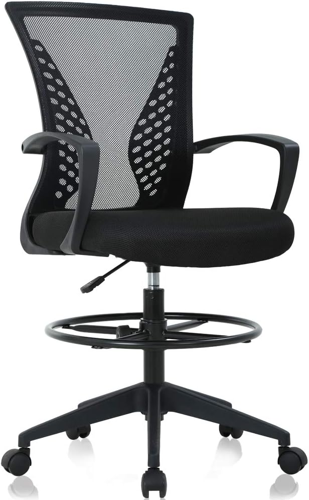 Drafting Chair Tall Office Chair Ergonomic Desk Chair Massage Mid Back Mesh Computer Executive Chair with Lumbar Support & Foot Ring Height Adjustable Rolling Swivel Drafting Stool for Standing Desk