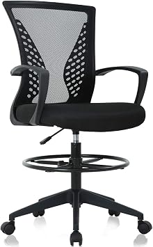 Drafting Chair Tall Office Chair Ergonomic Desk Chair Massage Mid Back Mesh Computer Executive Chair with Lumbar Support & Foot Ring Height Adjustable Rolling Swivel Drafting Stool for Standing Desk