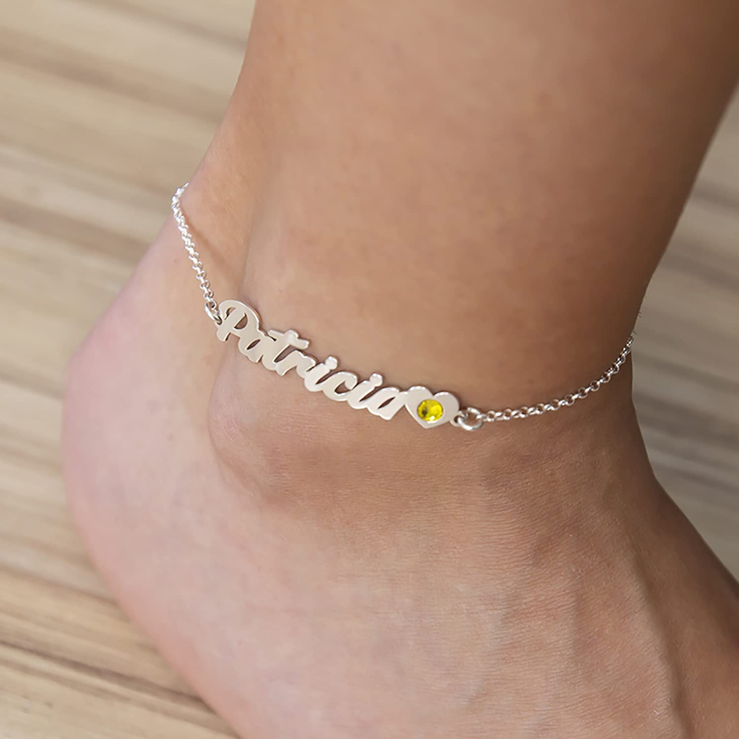 Tobillera PLATA DE LEY personalizada con nombre corazón y piedra de nacimiento