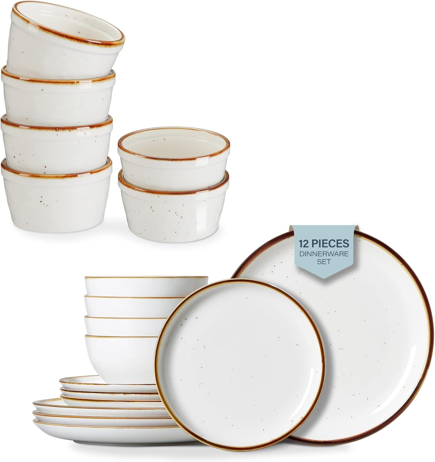 ONEMORE 8 oz Ramekins Small Ramekins for Baking and Dinnerware Sets Scratch Resistant, Modern Aesthetic Plate Set - Microwave & Dishwasher Safe,Cream White