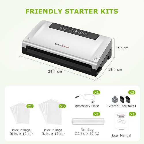 Miniatura 6 de Bonsenkitchen Máquina selladora al vacío, cortador integrado  Almacenamiento de bolsas, sellador de alimentos multifuncional para Sous Vide y