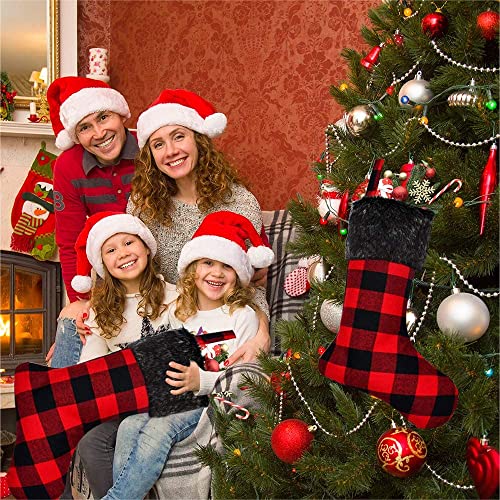 Yoochee 4 Pack Christmas Stockings, 18 Inch Large Buffalo Plaid Stockings For Christmas Decoration, Durable Red And Black Checked Xmas Stocking (Plush Black Cuff, Black&Red) #TOP3