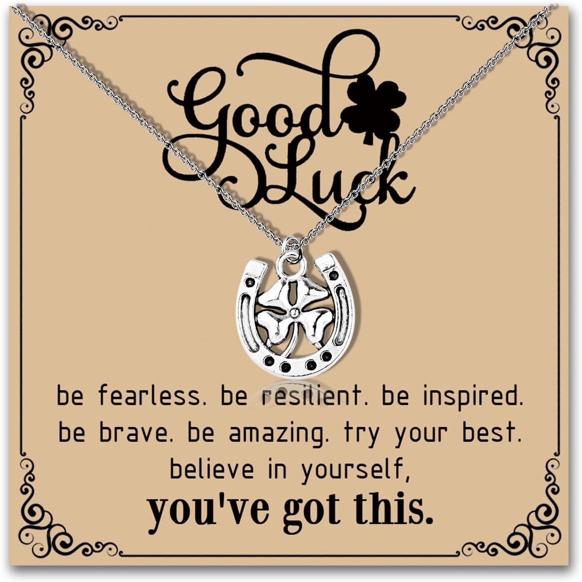 MAOFAED Horseshoe and Four Leaf Clover Necklace, Good Luck Gift, Horse Lover Gift, Inspirational Quote(good luckCA)