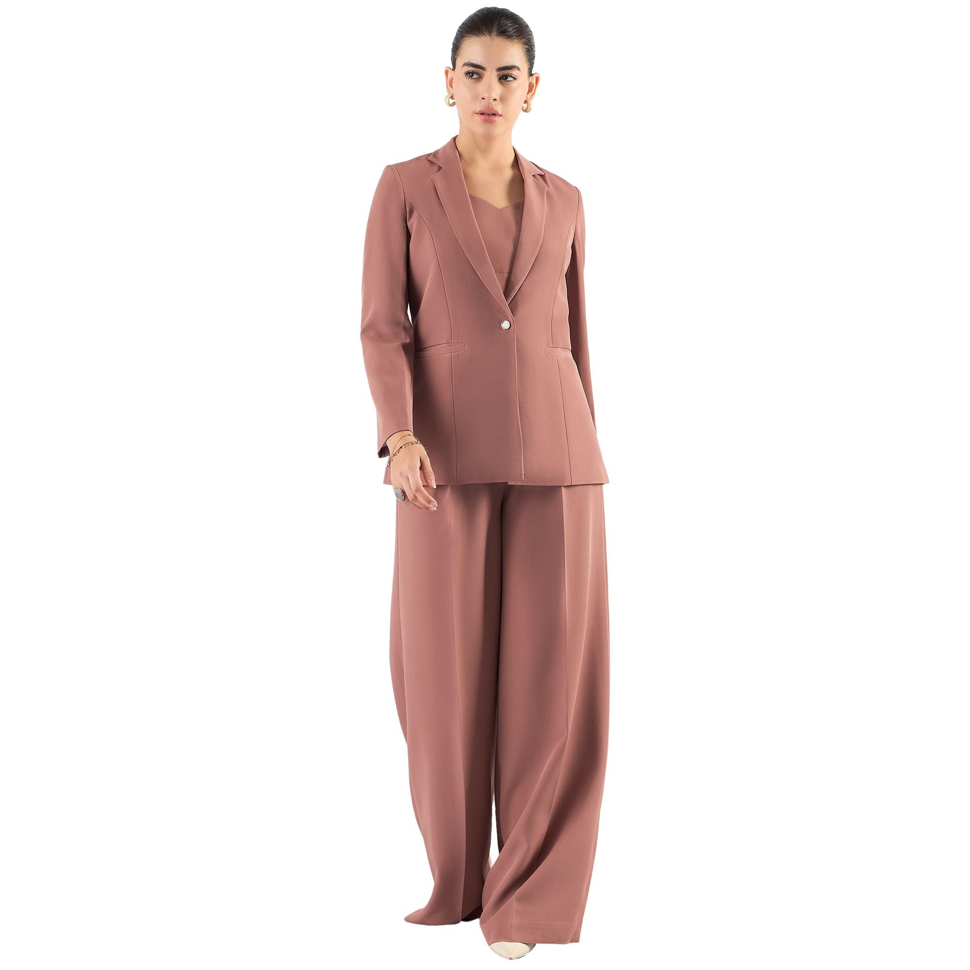 Women’s Dusty Peach 3-Piece Formal Suit | Tailored-Fit Blazer, Waistcoat & Mid-Rise Trousers | Stretchable Fabric, Notched Lapel, Button Closure | Office & Business Wear