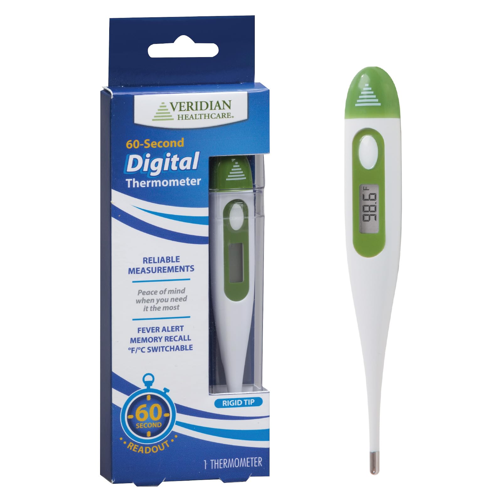 Veridian Digital Thermometer | 60-Second Readout | Fever Alert + Memory Recall| Clinical Rigid Tip | Hygienic Water-Resistant Easy Cleaning | Storage Case + Probe Covers Included