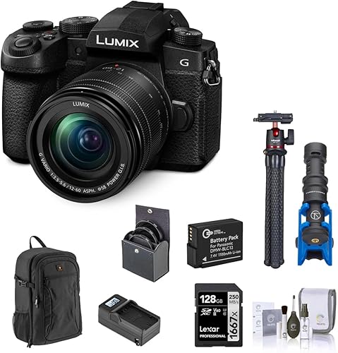 Panasonic LUMIX - Cámara sin espejo G95 con LUMIX G Vario 0.472-2.362 in f/3.5-5.6 MFT paquete con tarjeta de memoria de 128 GB, mochila, batería
