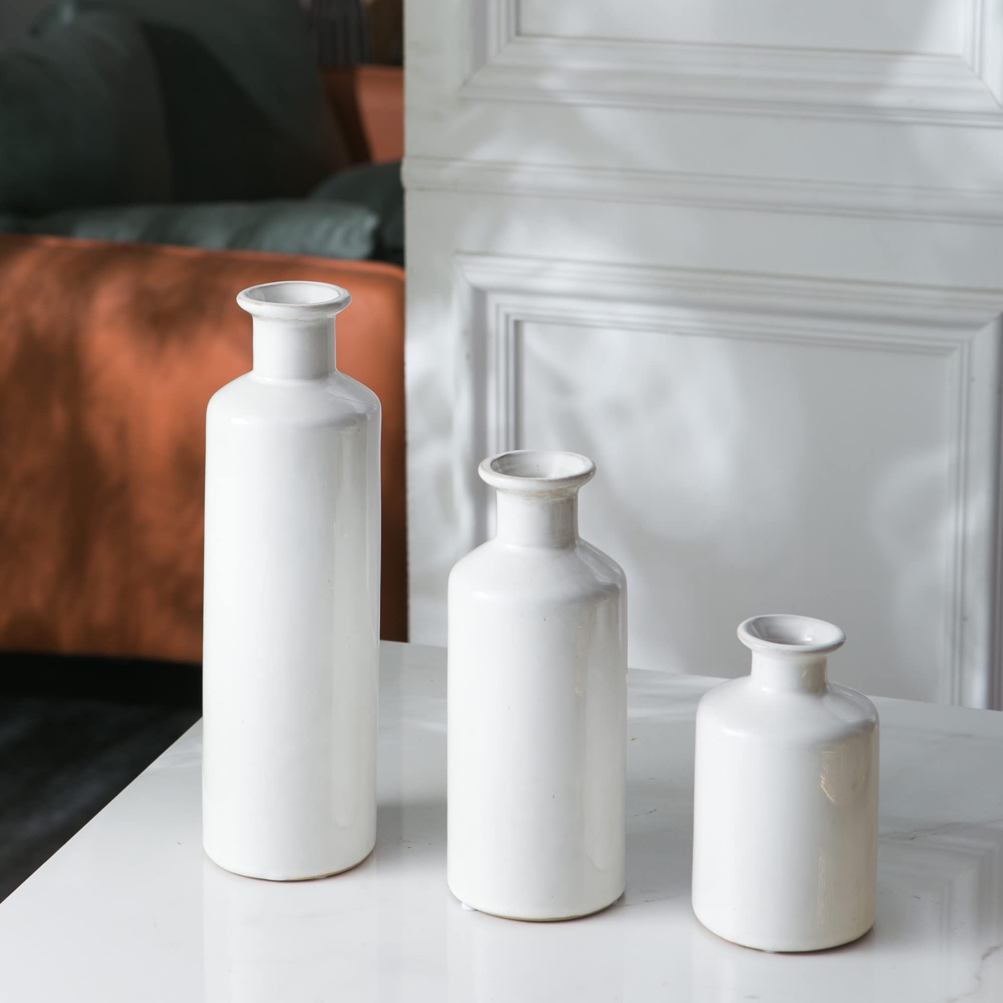 Mowtanco Vasen für Tafelaufsätze, weiße Keramikvase, 3er-Set, moderne Bauernhaus-Heimdekoration, minimalistischer Stil für Esszimmer, Wohnzimmer, Schlafzimmer, Küche, Couchtisch, Bücherregal