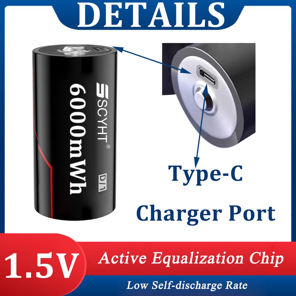 Batteria agli ioni di litio 1,5 V Batteria ricaricabile 6000 mWh Batterie al litio con cavo di tipo C per torce elettriche, dispositivi domestici e ufficio,1.5v6000mwh 4pack