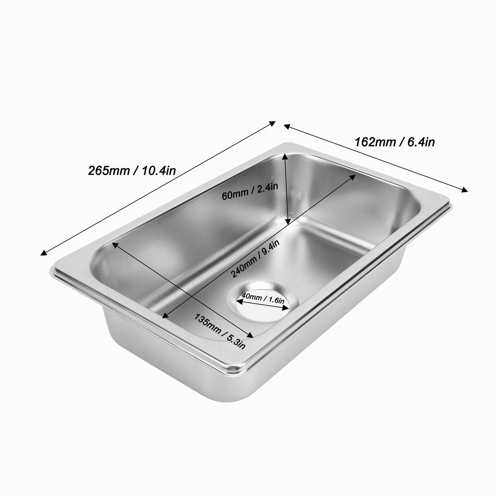 Fregadero de Cocina Acero Inoxidable 304, Barra con un Orificio Diámetro del desagüe 40 mm, Recorte de 240x135mm, para RV, Cocina, baño, 265x162x65mm (Dibujo de Pulido)