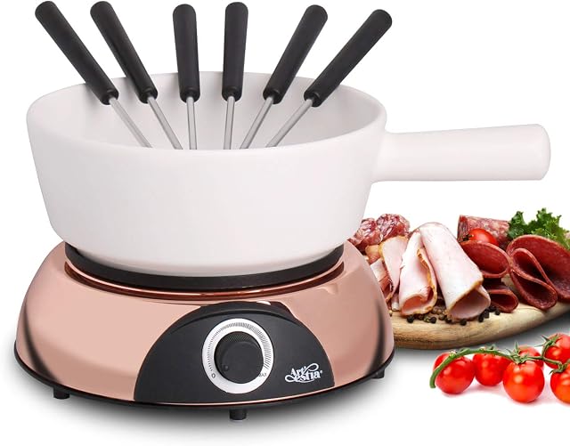 Artestia 2-QT Electric Fondue Pot for Meat, 1500W Ceramic Chocolate Melting Pot with Adjustable Temperature, 6 Fondue Forks, White Ceramic Pot with Rose-Gold Base