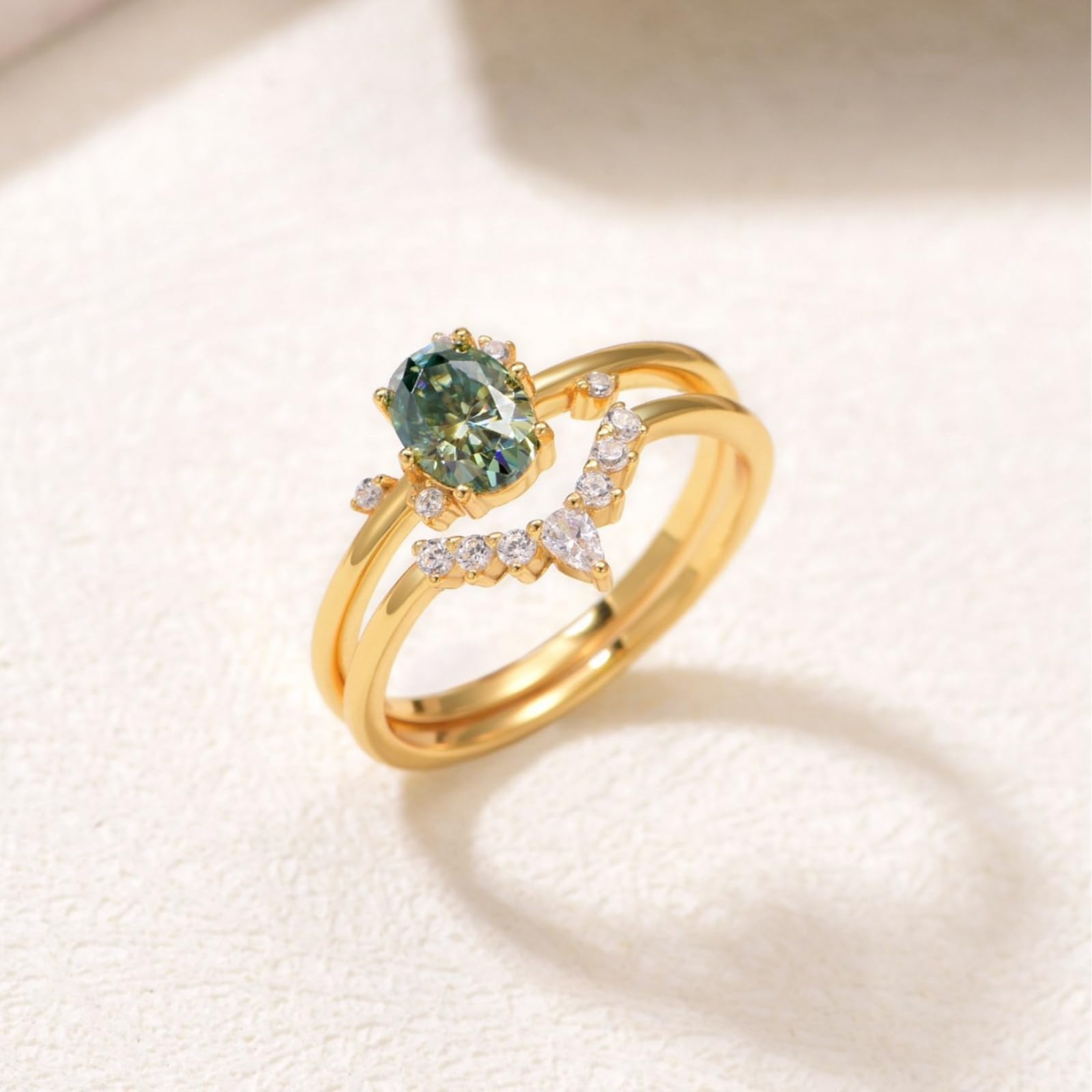 Set di anelli da donna in oro giallo 18 carati, in vero oro, moissanite verde, impilabile, anello a doppia fascia personalizzato