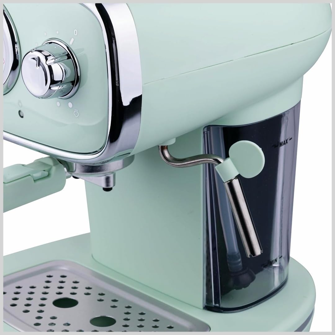 Macchina Caffè Espresso Vintage Retrò 2in1 Cialde/Macinato 1 o 2 Tazze Funzione Cappuccino Montalatte Ripiano Scaldatazze Autospegnimento 15Bar Vassoio Antigoccia Serbatoio 1,2Lt (acquamarina)