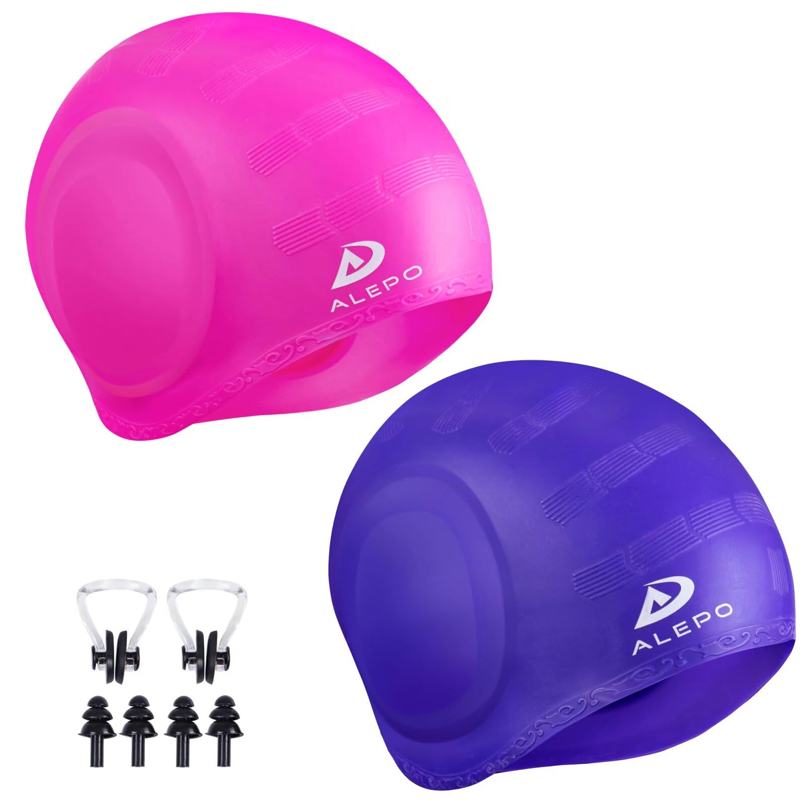 Photo 1 of 2 Pack Unisex Swim Caps with 3D Ear Protection, Durable Flexible Silicone Swimming Hats for Women Men Kids Adults, Bathing Swimming Caps for Short/Long Hair with Ear Plugs&Nose Clip