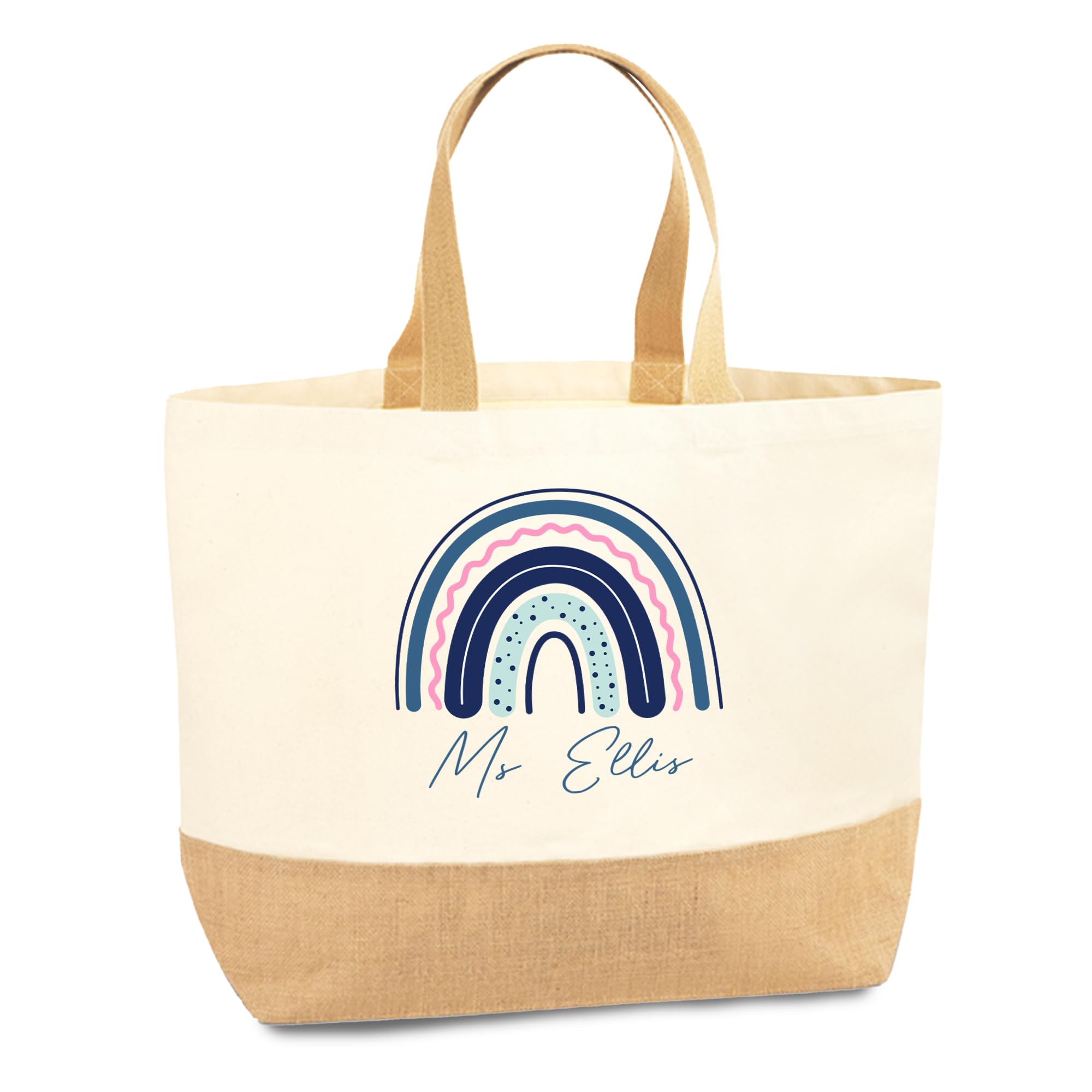 Print Maniacs Personalised Rainbow Tote Bag Teacher Gift Custom Name Shopping Bag For Teacher Nursery Assistant School Staff Appreciation Gift End Of Year Thank You Canvas Jute Bag โ image 1