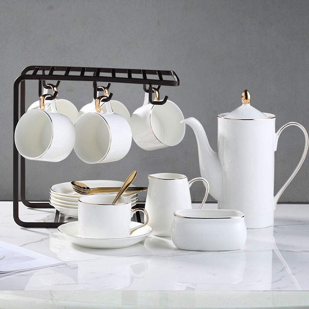 Set Tazze tazzine da caffè in Ceramica, Tazze e piattini da 6 Oz, 6 cucchiai, 1 caffettiera, 1 lattiera, 1 zuccheriera, con portacaffè,