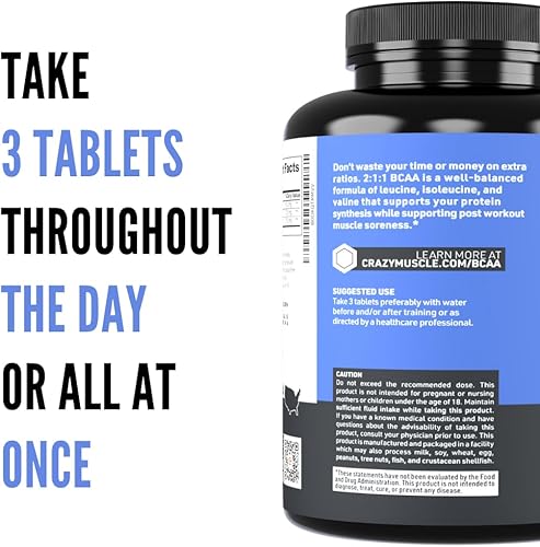 Miniatura 7 de Crazy Muscle BCAA Píldoras con la proporción perfecta 211 de aminoácidos de cadena ramificada Suplemento - 1000 mg de BCAA por píldora (mejor que