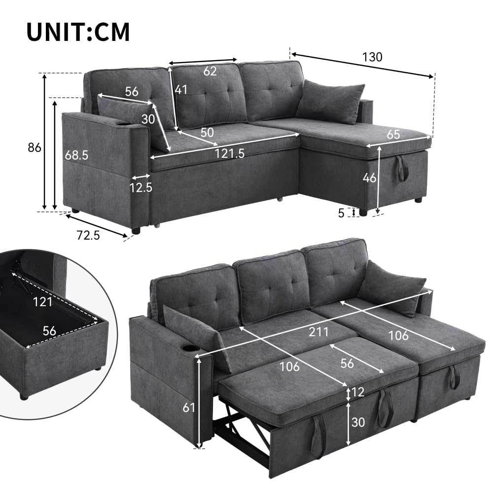 Sapgaks Sofá convertible de esquina, sofá cama con función de dormir, sofá de 3 plazas, muebles acolchados, silla larga con espacio de almacenamiento, con soporte para bebidas (gris + algodón + 3
