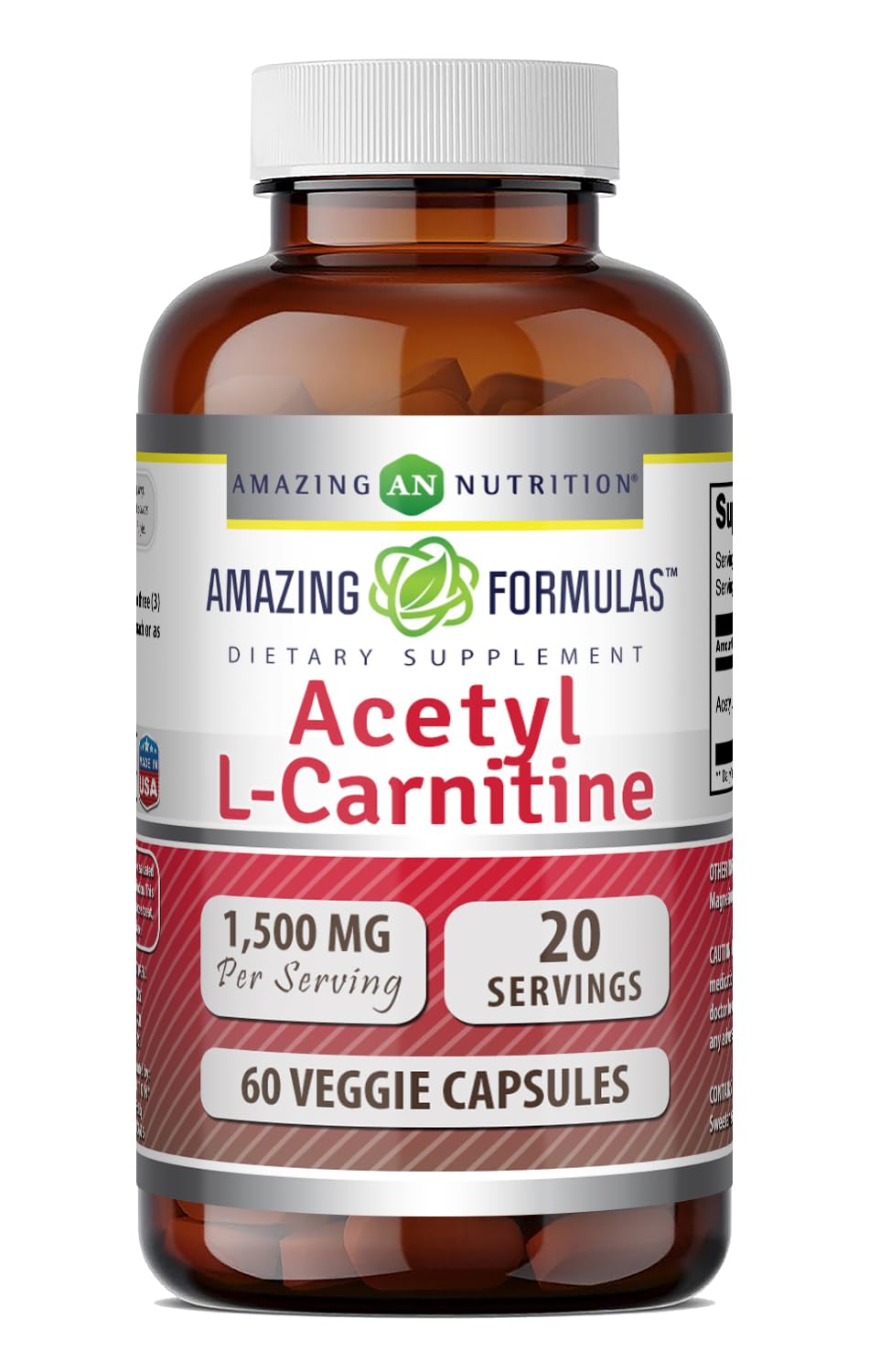 Amazing Formulas Acetyl L-Carnitine | 1500 per Serving Supplement | Vegetarian Capsules | Gluten-Free | Made in USA (1 Pack | 120 Count) — Amazon image 8