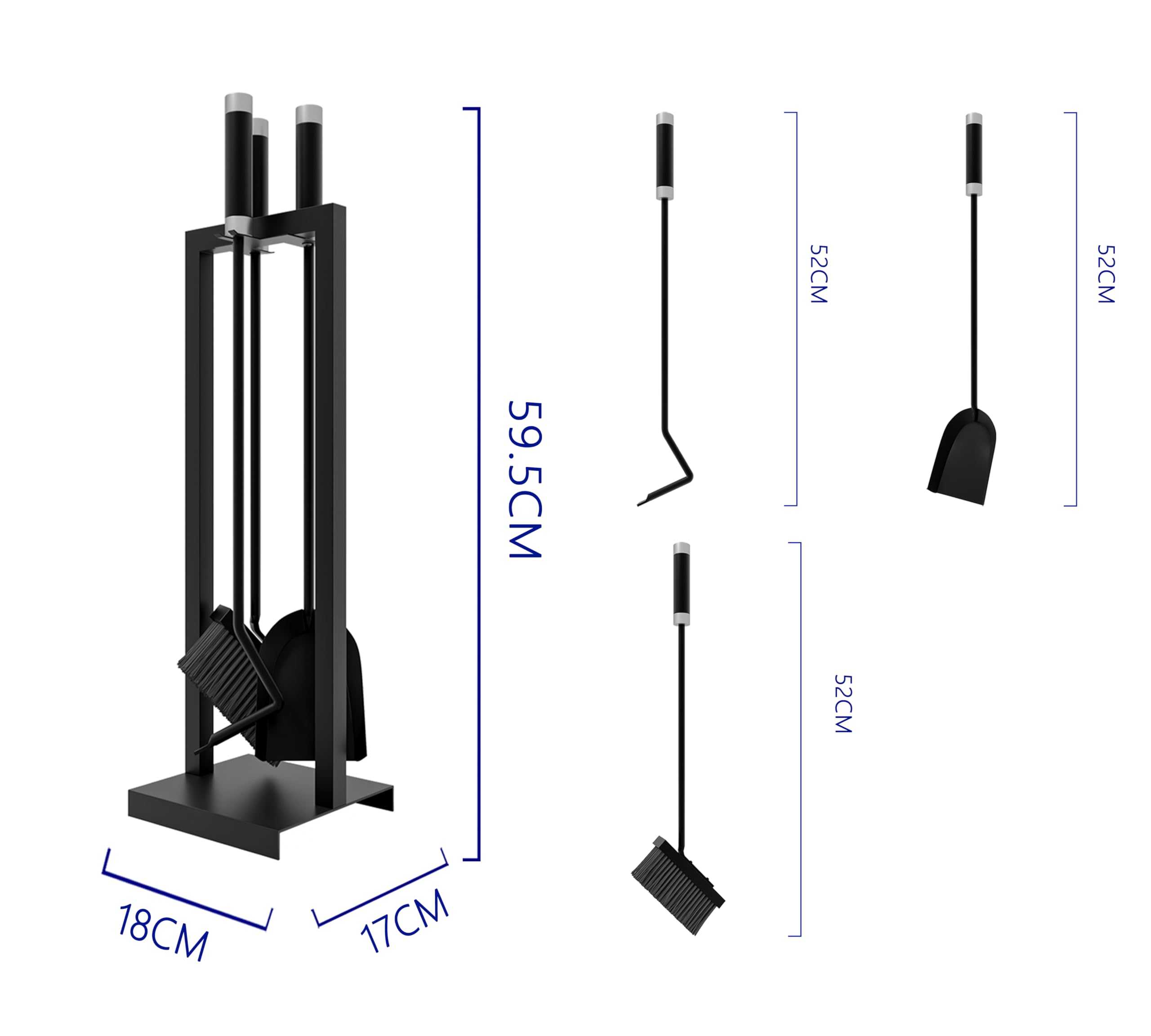Kingson – Set di accessori per caminetto, 3 pezzi, con supporto – Include pala, spazzola e attizzatoio – Nero con rivestimento in polvere, manici in acciaio e inossidabile – 59,5 cm
