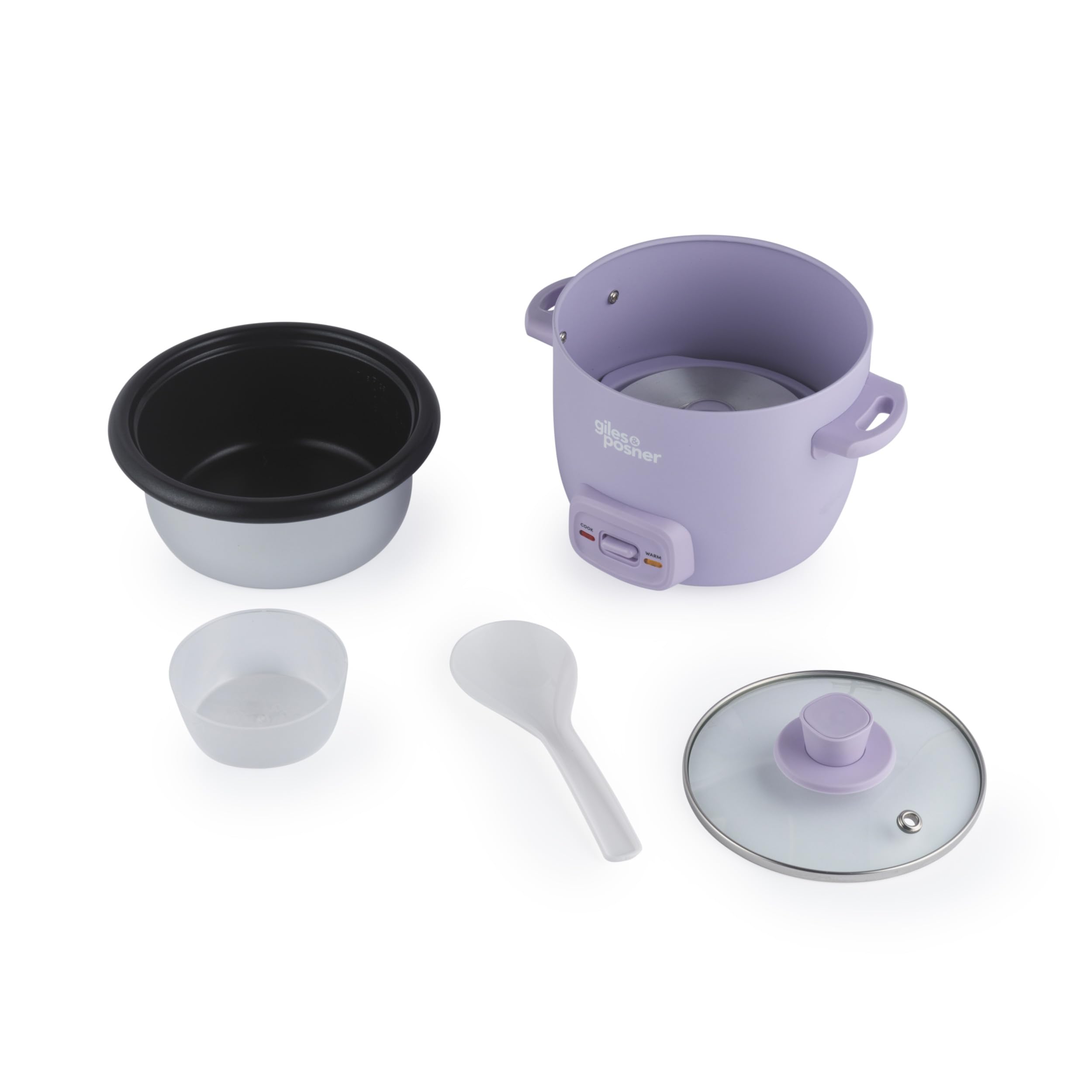 Giles & Posner Sorbet Cuiseur à riz 0,4L – Bol intérieur sans PFAS, couvercle en verre, fonctions cuisson et maintien au chaud, gobelet doseur et cuillère à riz inclus, 250W, violet