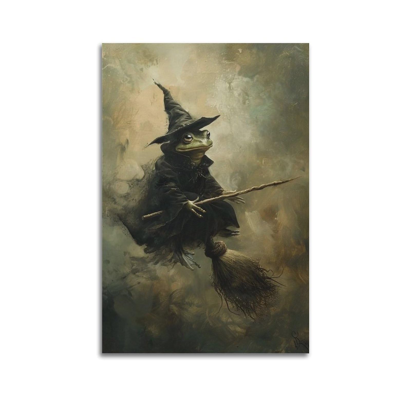 JUWRHRHHRH Frog Witch on Broomstick 02 Poster Canvas Aesthetic Wall Art Painting Decor for Living Room Bed Room 08x12inch Unframe-style