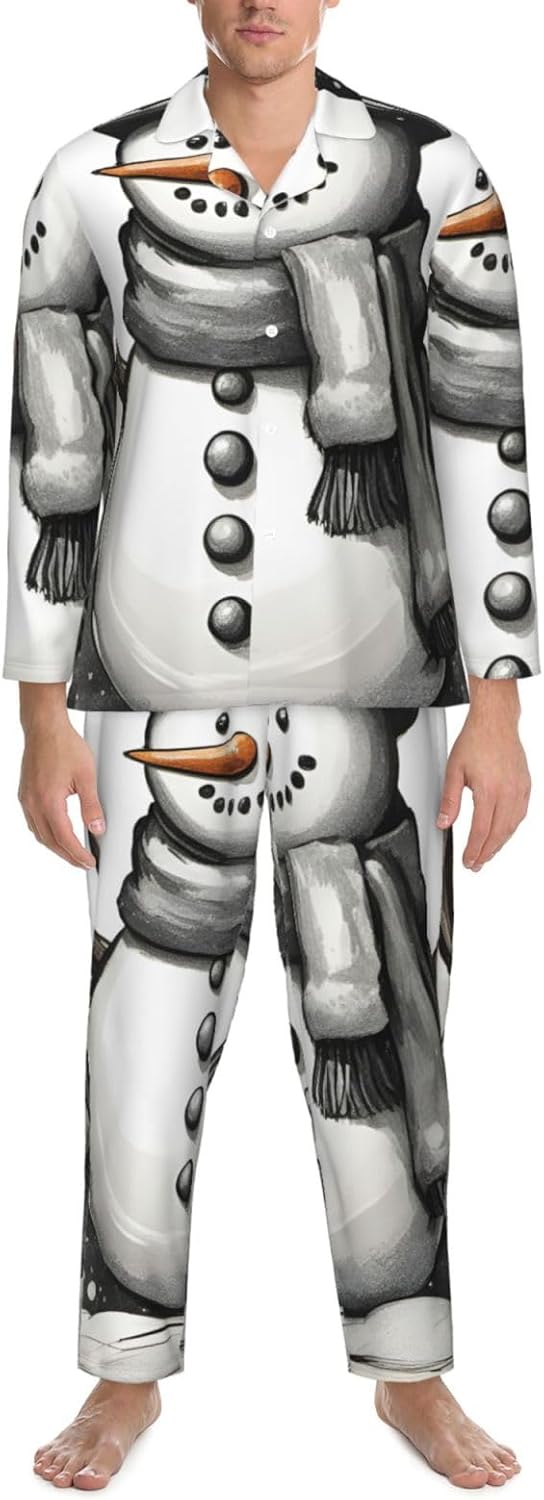 Christmas Snowman Print Luxurious Mens Pajamas Set,Breathable Pajamas Set,Perfect For Lounging Bed,Sofa