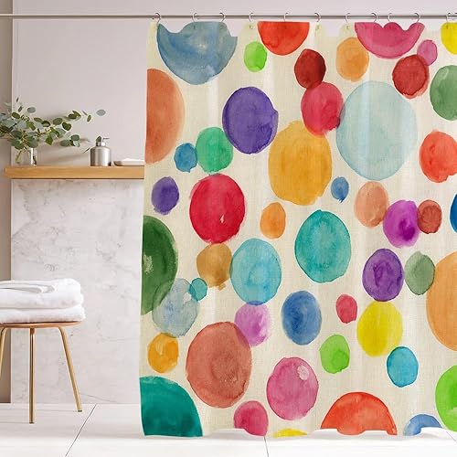Miniatura 2 de Cortina de ducha de lino texturizado resistente de 72 x 72 pulgadas, diseño de lunares para niños, acuarela, arco iris, colorido, 72 x 72 pulgadas,