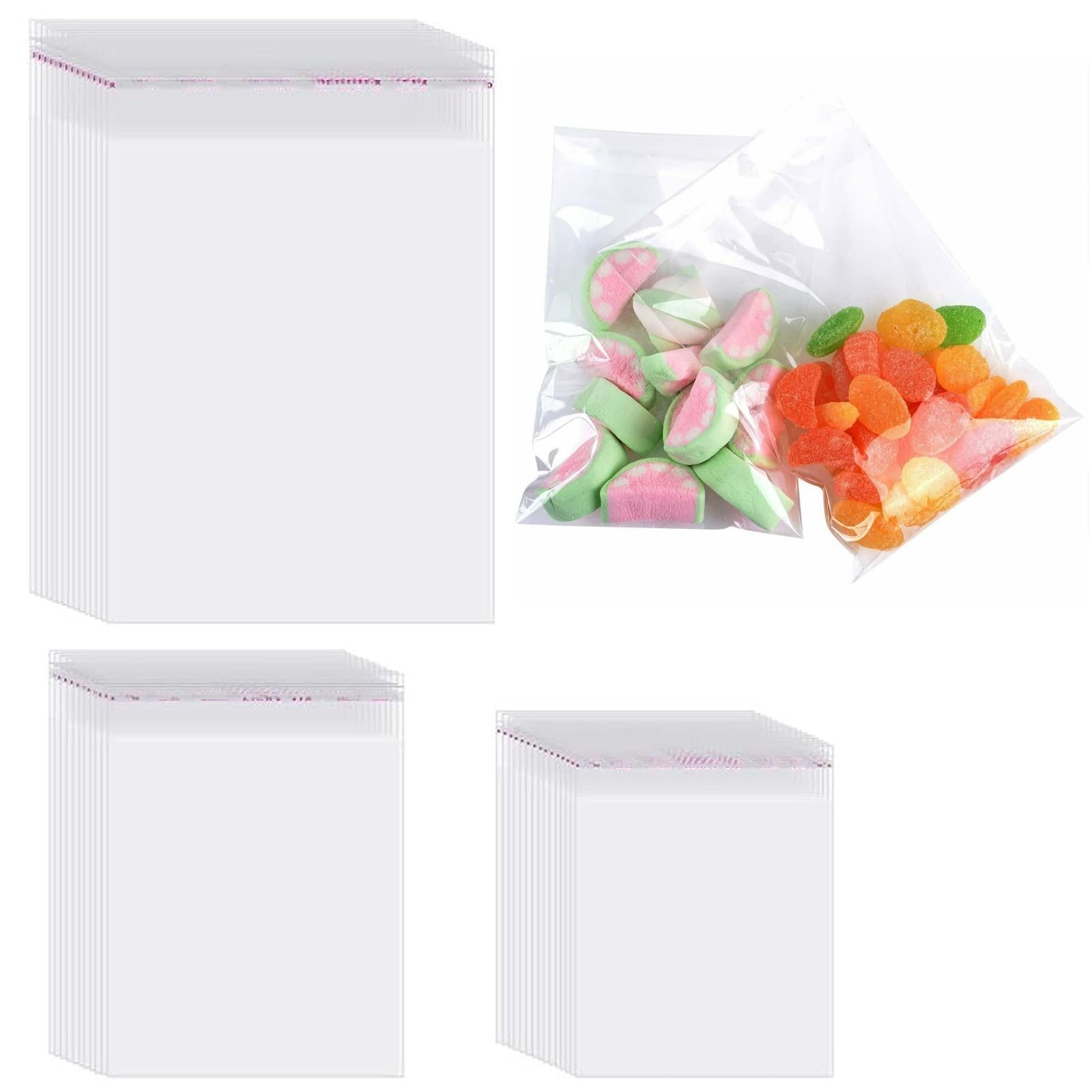 Cellophane Bags Pack of 300, Three Size 4x6, 5x7, 6x9 Inch Small Clear Cellophane Sweet Cookie Bag, Food Safe, Seal Clear Self-Adhesive OPP Display Sealable Bags for Envelopes, Gifts, Cards, Pictures — image 1