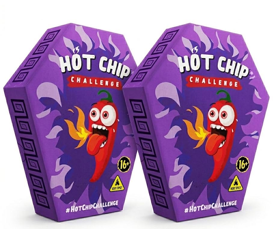 HOT-CHIP Challenge Sehr scharfer Chip Carolina Reaper Scharfes Erlebnis Inkl. Handschuh & Sticker Geschenk für Chili Liebhaber Extrem Scharf Mutprobe Single Chip Geschenk (16+) (2er Pack)