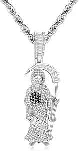 Silver Necklace for Men with Santa Muerte Pendant Grim Reaper Necklace with Black Gemstone Stainless Steel Rope Chain Necklaces Fashion Jewelry Gift