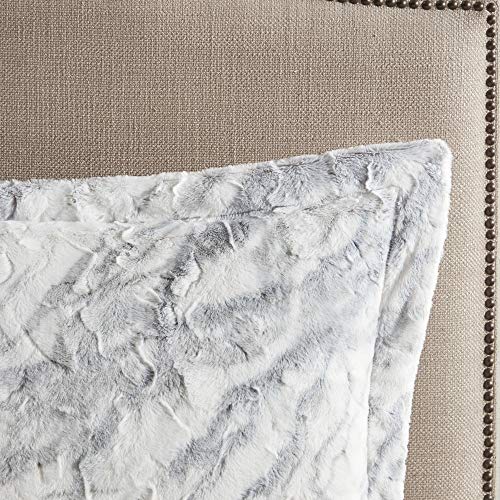 Image of Madison Park Lana Soft Plush Comforter Set, Long Faux Faux Fur Marble Pattern, Faux Mink On The Reverse, Modern All Season Down Alternative Bedding Set with Matching Sham, King, Grey /Blue 3 Piece