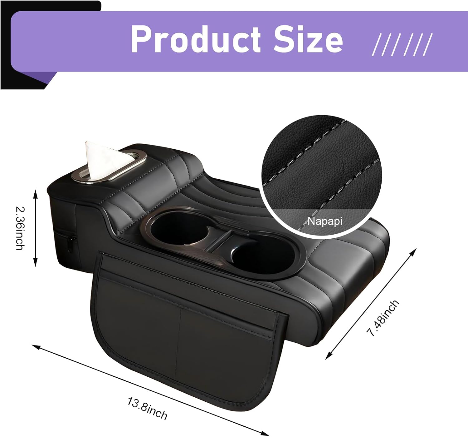 Car Center Console Armrest Pillow, 4-in-1 Thickened Memory Foam Leather Armrest Cushion, Multifunctional Car Cup Holder with Storage Bag, Interior Accessory for Most Cars SUVs Trucks (Black)
