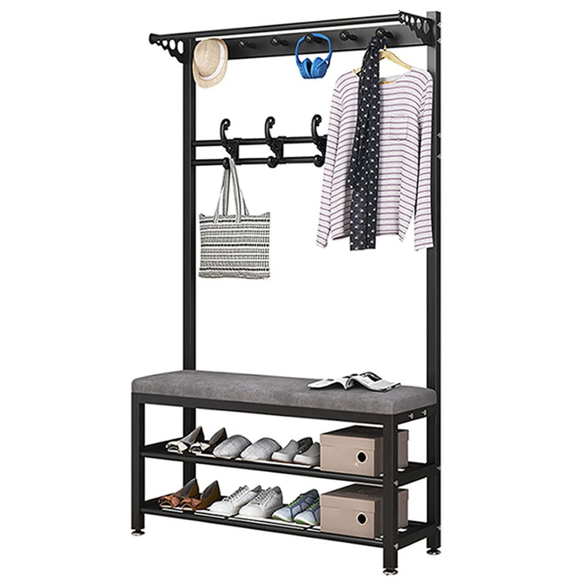 MYUYEE Clothes Rack, Coat Stand, Wardrobe Rack, Shoe Rack With Seat, Freestanding Hall Tree With Hooks And 2 Tier Open Shelves, Metal Frame, For Hallway, Bathroom, Entryway And