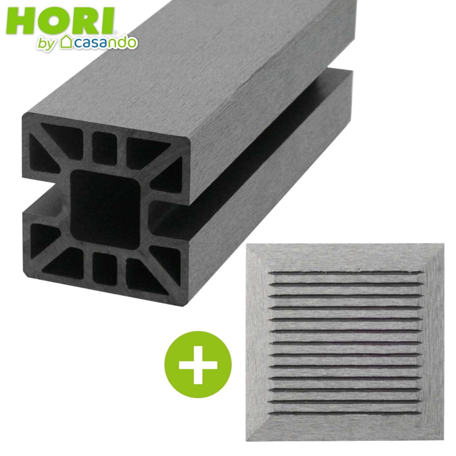 HORI WPC Sichtschutz Komplettset Stecksystem Zaun Garten Gartenzaun Lamellenzaun Windschutz Zaunelemente Komplettbausatz 1x Schräg + 1x kl. Pfosten - zum Einbetonieren - Zaun: Grau - Pfosten: Grau