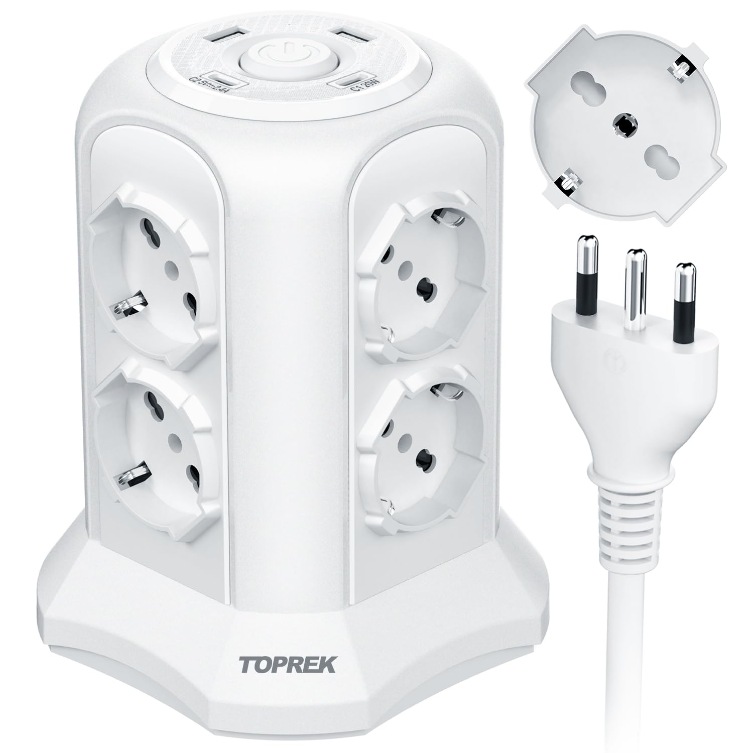 TOPREK Regleta Vertical con 8 Tomas Universales ITA 10/16A y Schuko y 2 USB C y 2 USB A (USB-C1 20W PD3.0 Carga Rápida), 4000W/16A, Regleta con Interruptor, Cable de 2M, Enchufe 16A, Blanco